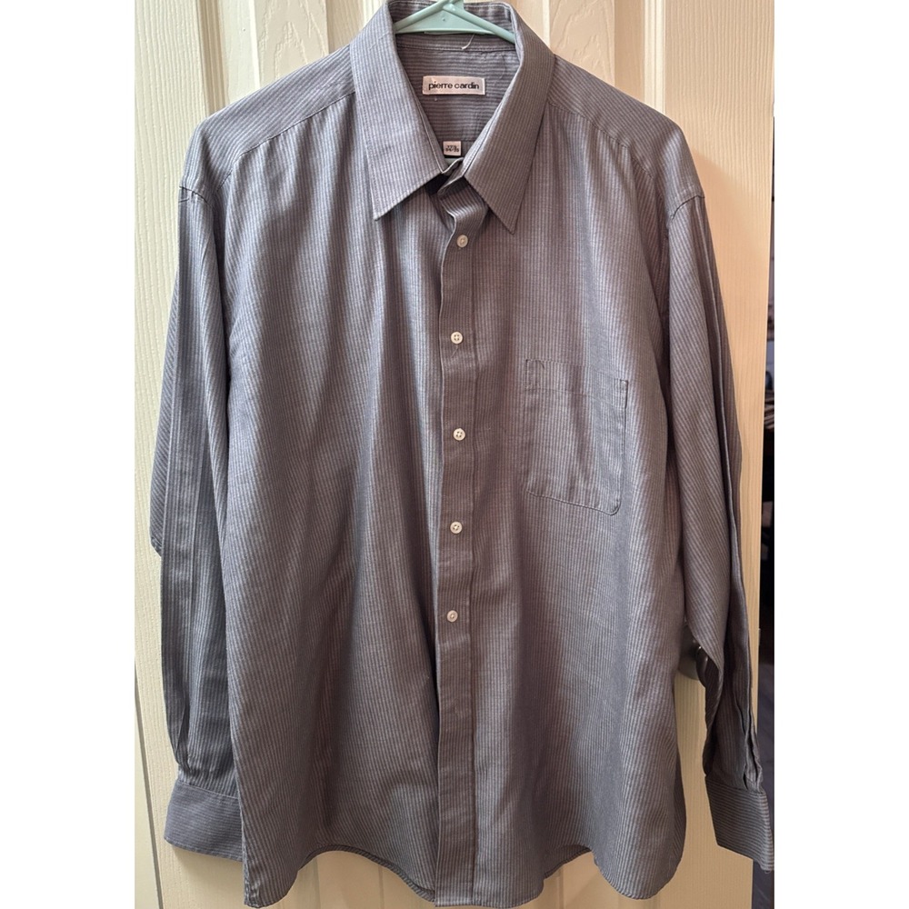 Pierre Cardin Mens XL 17.5 34/35 Grey Striped Long Sleeve Button Up Shirt